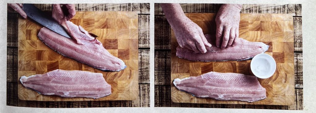 The final stages of filleting a fish, removing the rib bones, and pin-boning.