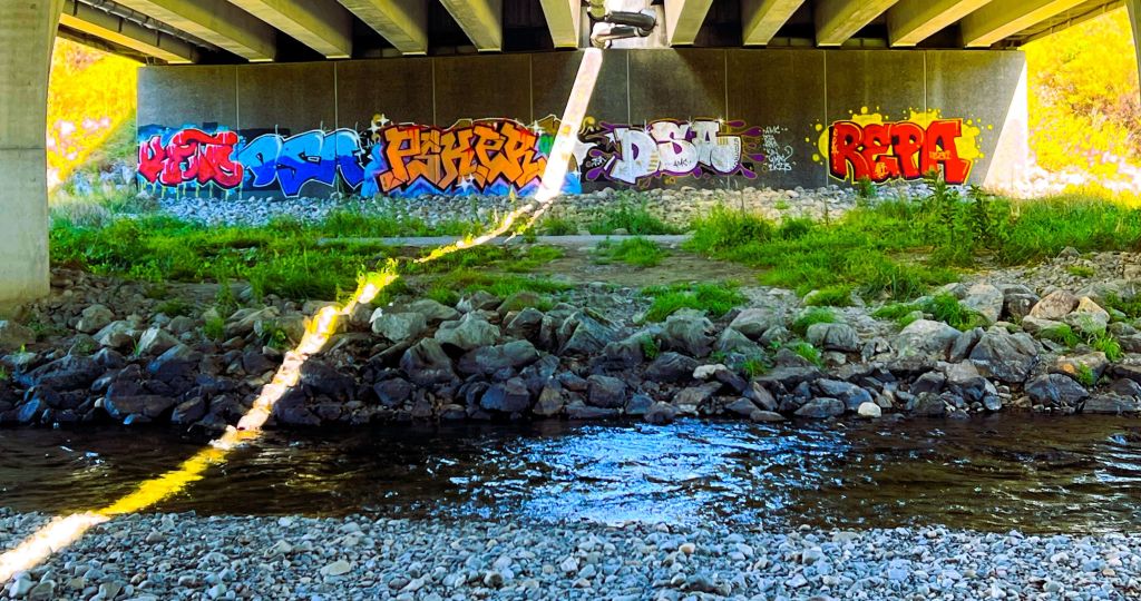 A range of graffiti styles and colour under the Kapiti Expressway bridge over the Waikanae River